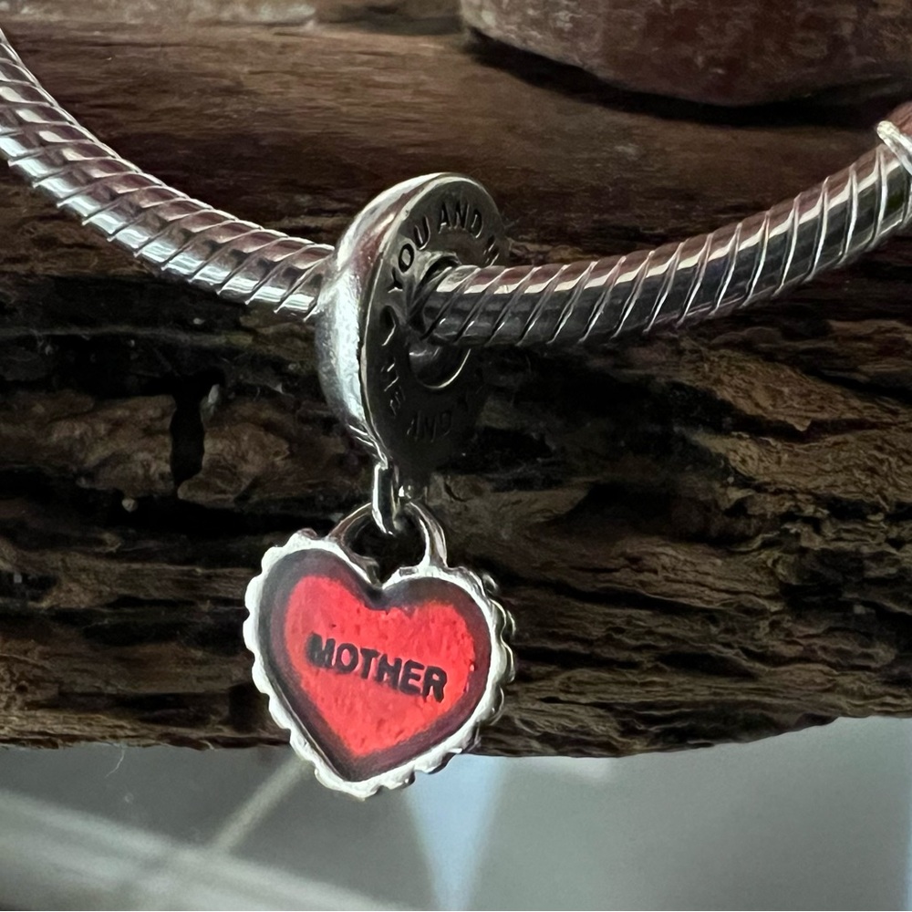 Authentic Pandora Mother Daughter Red Enamel Heart Bead Charm Dangle Dotted Oxi